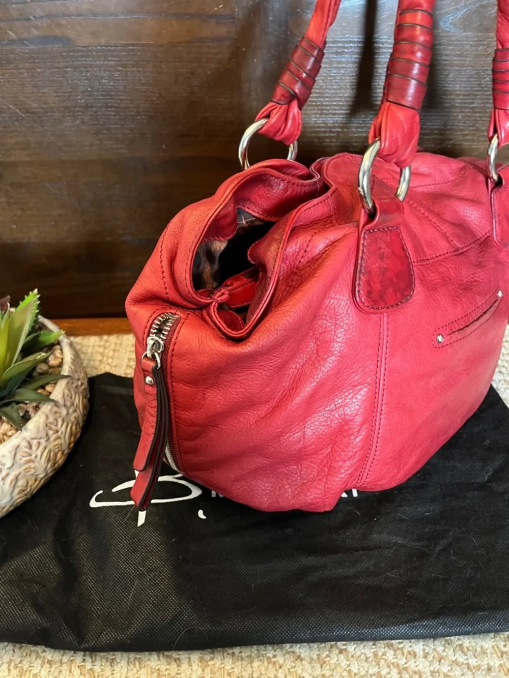 b. makowsky Red Leather Satchel with Silver Accents